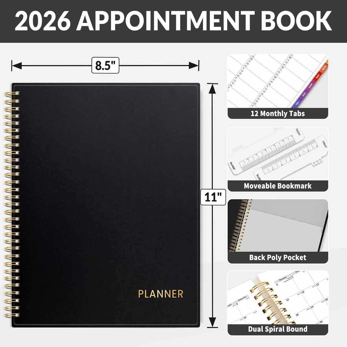 SUNEE 2026 Appointment Planner 15-Minute Time Block – Weekly & Monthly Spiral Organizer with Note Section – Thick Paper, Lay-Flat Bound – 8.5 x 11 for Office, School, Salon, Men & Women, Black