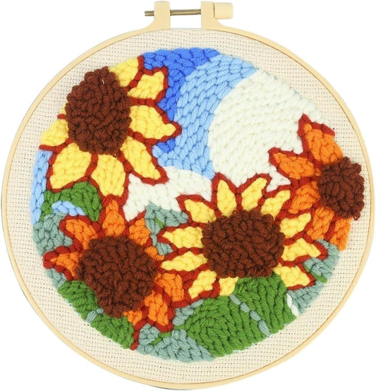 RUIQLXHANG Punch Needle Kits for Beginners, Cute Cartoon Highland Cow with Daisy Flower, Punch Needle Starter Craft Set with 20cm Hoop, Perfect for Festival Gift and Decoration (Sunflower)