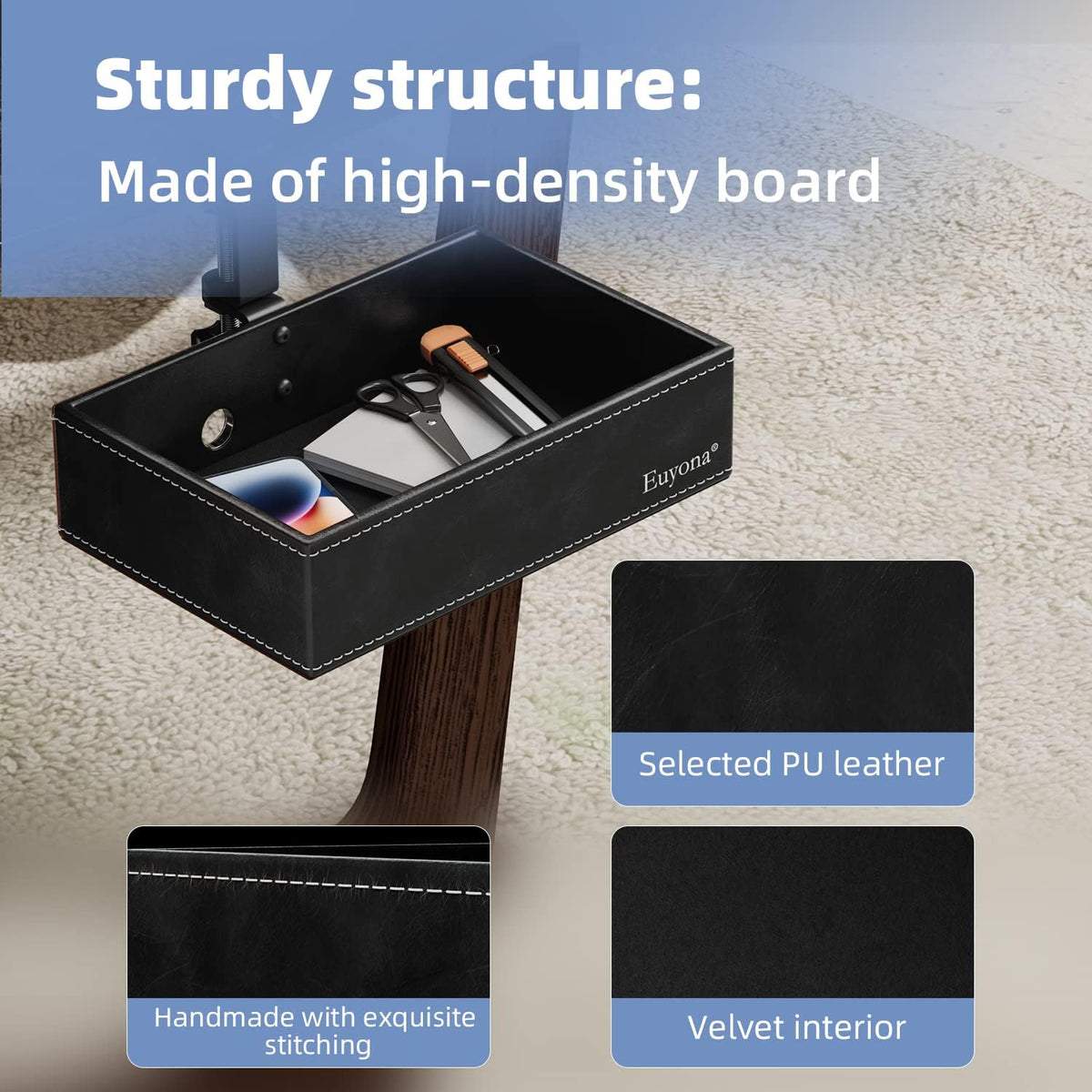 PU Leather Under Desk Organizer with 360° Rotating Clamp – for Computer Accessories, Stationery, Remote Control & Phone Storage, Black