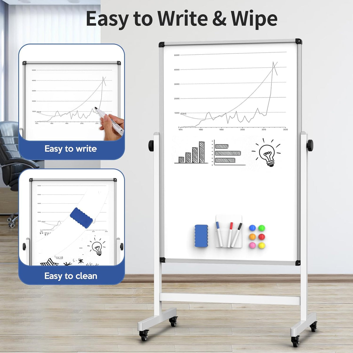 40x28 Inches Mobile Whiteboard, Double Sided Magnetic Dry Erase Board Height Adjustable Whiteboard with Stand for Home Office Classroom