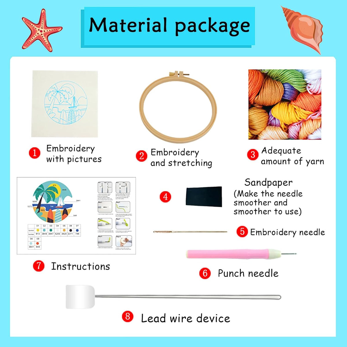 ILYUFO Punch Needle Kits Adults Beginner DIY Dreamy Beach Style 8 in Hoop Embroidery Set Starter Punch Needle Tool for Art Crafts, Ideal for All Ages, Perfect Festival Decoration & Gift (Surf)