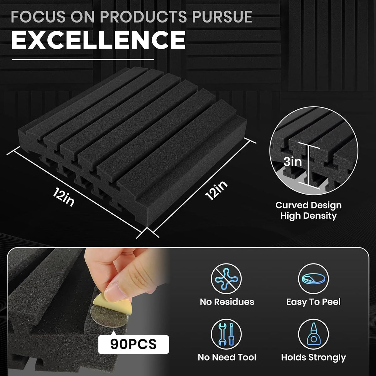 Sound Proof Foam Panels for Walls 12 Pack – 12x12x3 Inch Acoustic Noise Reducing Wall Panels, Absorbing Soundproofing Foam Dampening Panel Set with 90 PCS Strong Double-Sided Adhesives