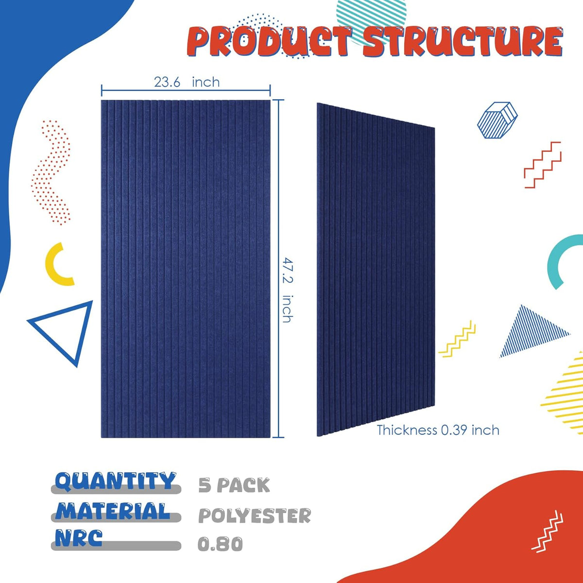 Acoustic Panels 5 Pack, Large Polyester Soundproof Panels 47.2x23.6x0.4 inch,Self-Adhesive Acoustic Treatment for Recording Studio & Office, Vertical, Navy Blue