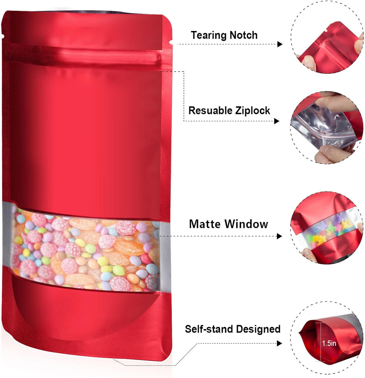 3.5"x5" 120pcs Mylar Bags for Food Storage,Smell Proof Bag with Matte Window Resealable Food Storage Bags for Small Business, Stand-up Foil Pouch Packaging Freeze Dried Candy Bag(Red)