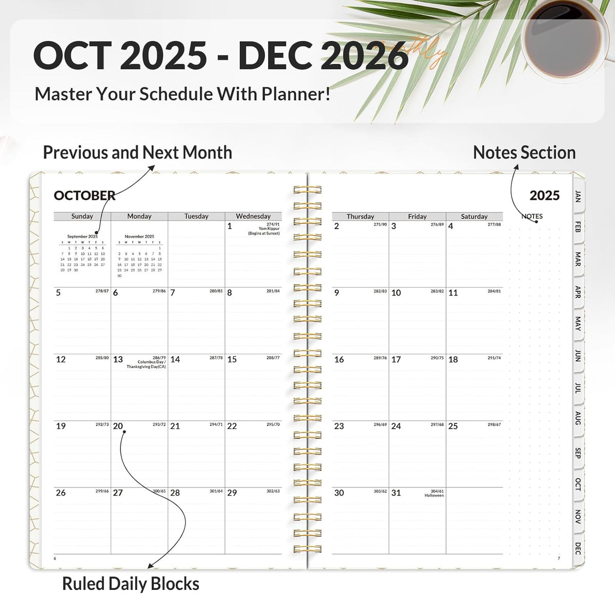 SUNEE Planner 2026 Weekly and Monthly, January 2026-December 2026, 6.4"x8.3", Tabs, Note Pages,Spiral Binding, Black