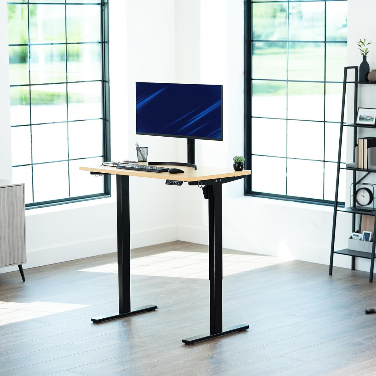VIVO Electric 43 x 24 in Standing Desk, Memory Height Adjustment, 1B Series, One-Piece Light Wood Top, Black Frame, DESK-KIT-1B4C