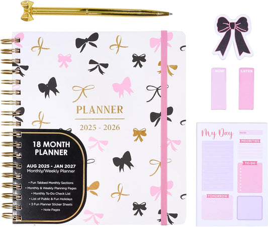 Votum August 2025 to January 2027 Large Back to School Academic Planner- Daily, Weekly & Monthly Organizer with Pens, Stickers, Sticky Notes, and a Sturdy Cover - Bows Pink