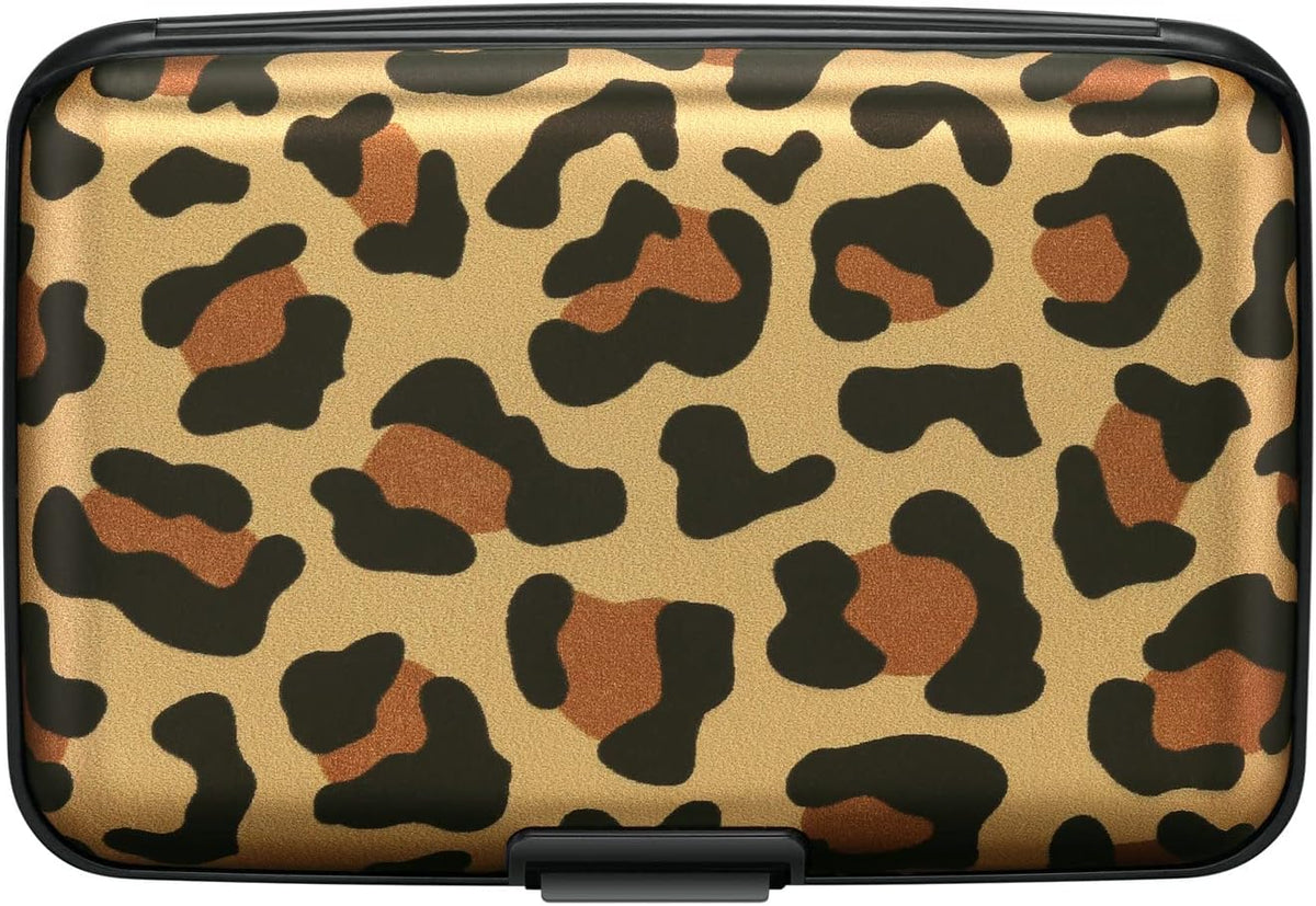 ELFISH Mini RFID Aluminum Wallet Credit Cards Holder Business Card Case Metal ID Case for Men Women（Leopard