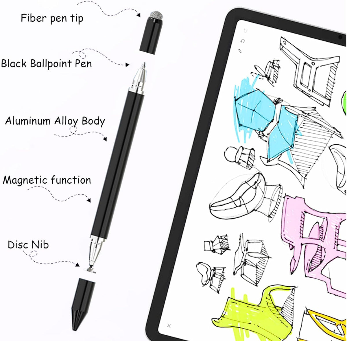 Stylus Pens for iPad, Luntak 3 in 1 Ballpoint Pen, Fiber Tip & Clear Disc Capacitive Stylus iPad Pencil for Apple iPhone/iPad Pro/Mini/Air/Android/Microsoft/Surface All Capacitive Touchscreen - Black