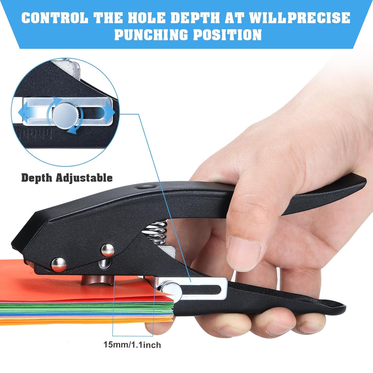 Hole Punch,Heavy Duty Hole Puncher Single,Paper Punch Portable Hand Held Long Hole Punch for Paper Cards Plastic Cardboard (15MM)