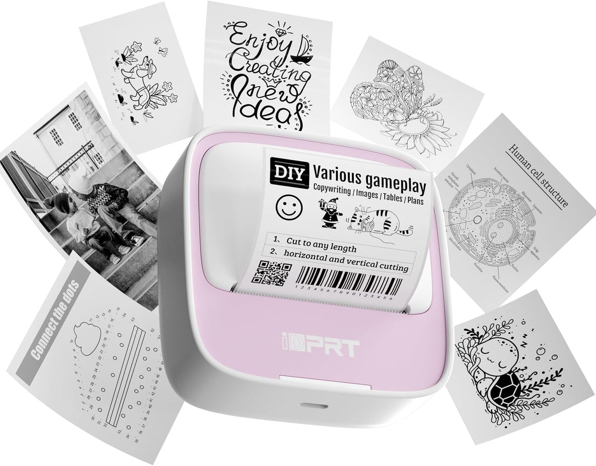iDPRT Sticker Maker, Portable Thermal Printer with 1 Roll Sticker Paper, Bluetooth Inkless Printer Mini Label Maker for Study, DIY, Notes, Mini Label Maker with Multiple Template in Free App, Pink