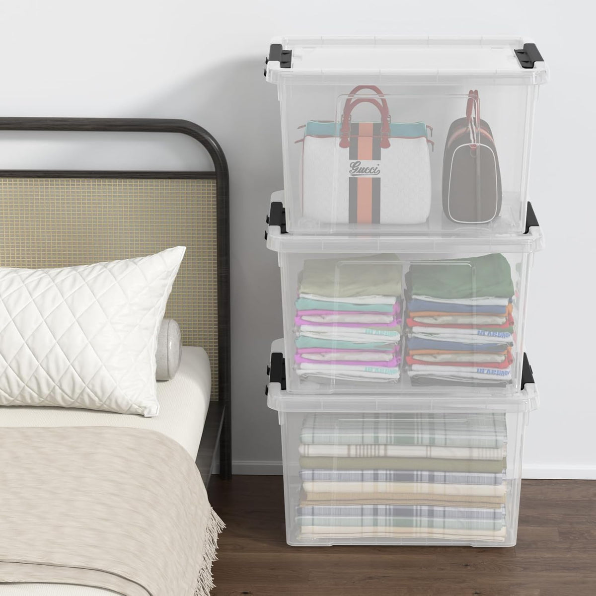 4-Pack 34 Quart Clear Plastic Storage Boxes with Lids, Latching Bins Totes with Wheels