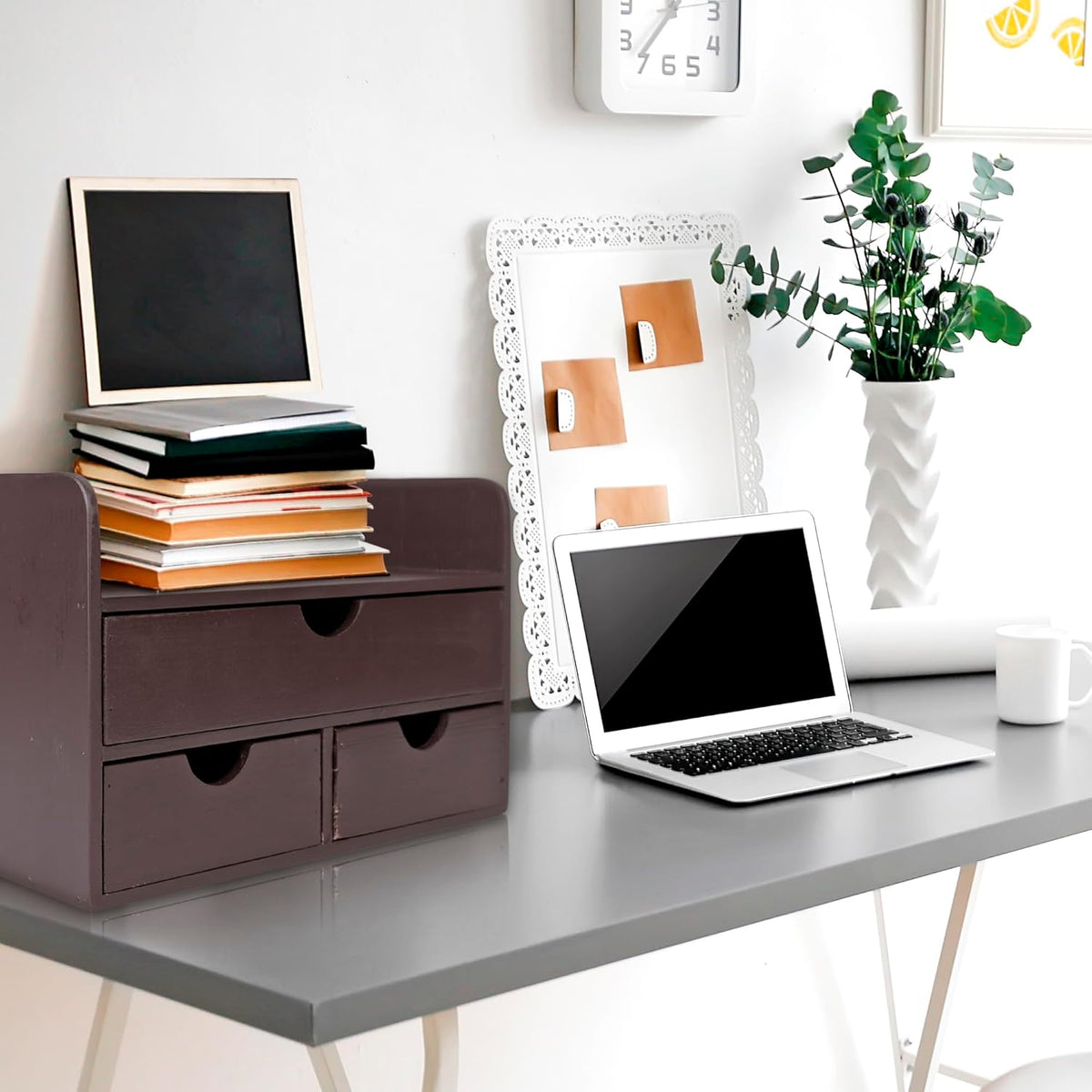 Besti Wooden Office Desk Organizer - Organizing Tool for Desktop, Cubicle, Bedroom, Kitchen - Vintage Style Organization Caddy with Top Tray Shelf & 3 Drawers - 13.6x9x7 Inches (Dark Brown)