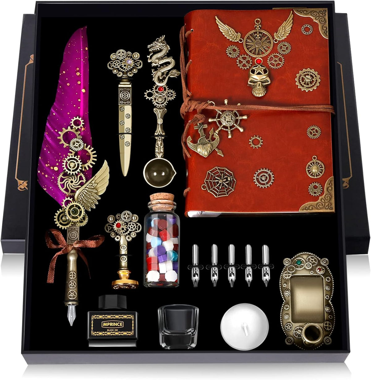 Quill and Ink Set With Quill and 5 Replaceable Nibs, Seal Stamp, Spoon, Wax Beads, White Wax, Pen Holder, Cup, Envelope, Letter Paper, Envelope Tool(purple)