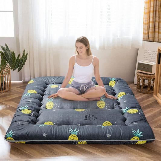 MAXYOYO Grey Pineapple Japanese Floor Futon Mattress, Tatami Floor Mat Portable Camping Mattress Kids Sleeping Pad Foldable Roll Up Floor Lounger Couch Bed Twin Size with Mattress Protector Cover