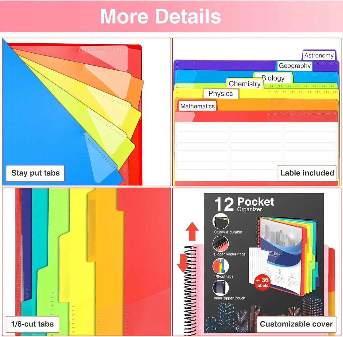 12 Pocket Project Organizer, Forvencer 1/6-cut Tab Binder Organizer with Sticky Labels, Multi Pocket Folder with Zipper Pouch, Folder Binder Spiral Pocket Notebook, Office Supplies, Letter Size, Blush