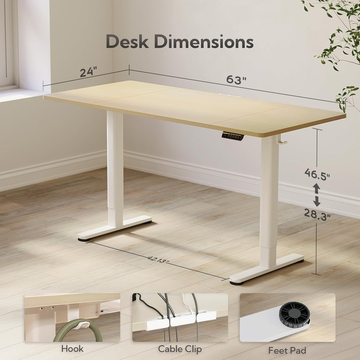 Claiks Electric Standing Desk, Adjustable Height Stand up Desk, 63x24 Inches Sit Stand Home Office Desk with Splice Board, White Frame/Nature Top