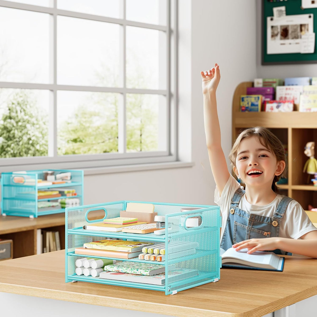 Subekyu 2-Pack 3-Tier Blue Metal Mesh Desk Paper Letter Tray & File Sorter Organizer with Handle + 1 Sliding Tray for Desk, Home, Office, School Supplies, A4 Paper and Accessories Storage