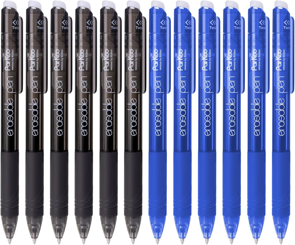 ParKoo Retractable Erasable Gel Pens 0.7mm, 6 Black/6 Blue Twist Pens Fine Point, Make Mistakes Disappear, Smooth Writing with Comfortable Grip for Journaling Drawing Note Taking