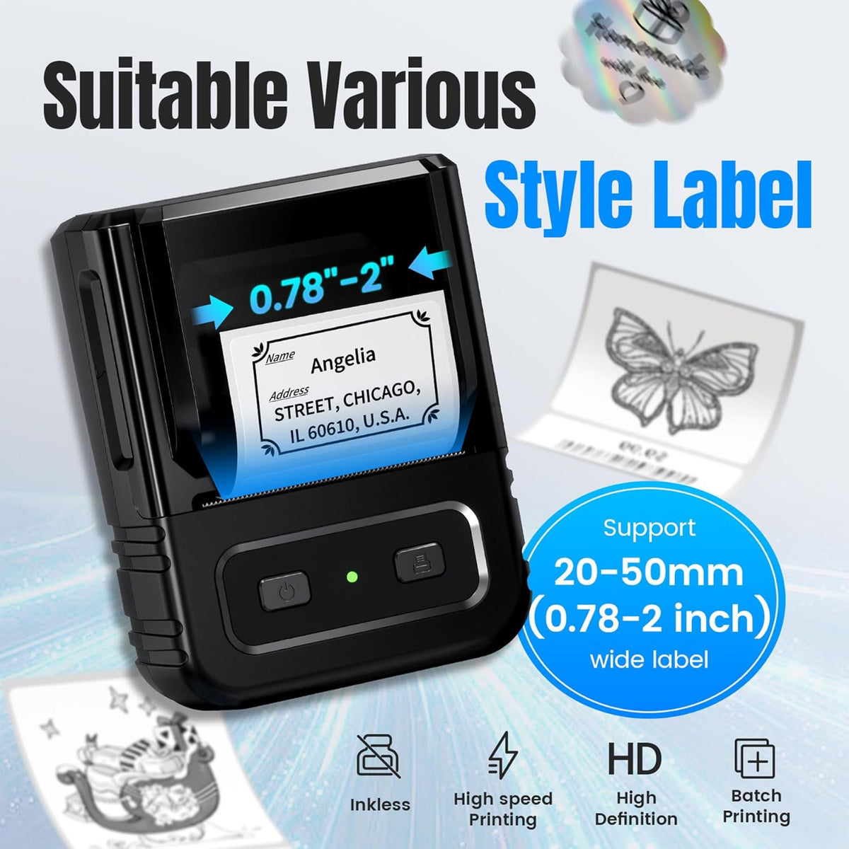 Label Maker, M102 Label Printer Bluetooth Label Machine with Tapes 1000+ Icons 300+Templates for Small Business, Office, Home, Kid School Items, Black