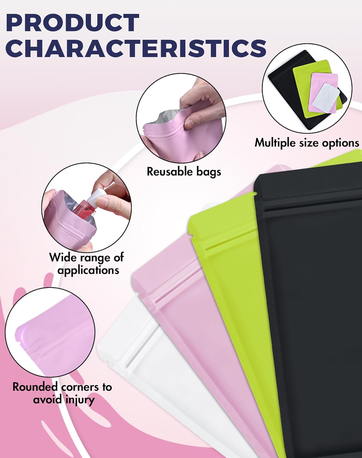 FireKylin 100 Pack Resealable Packaging Bags for Small Business Double-Sided Color Smell Proof Bags for Food Storage Flat Bags (Pink, 7.1" x 10.2")