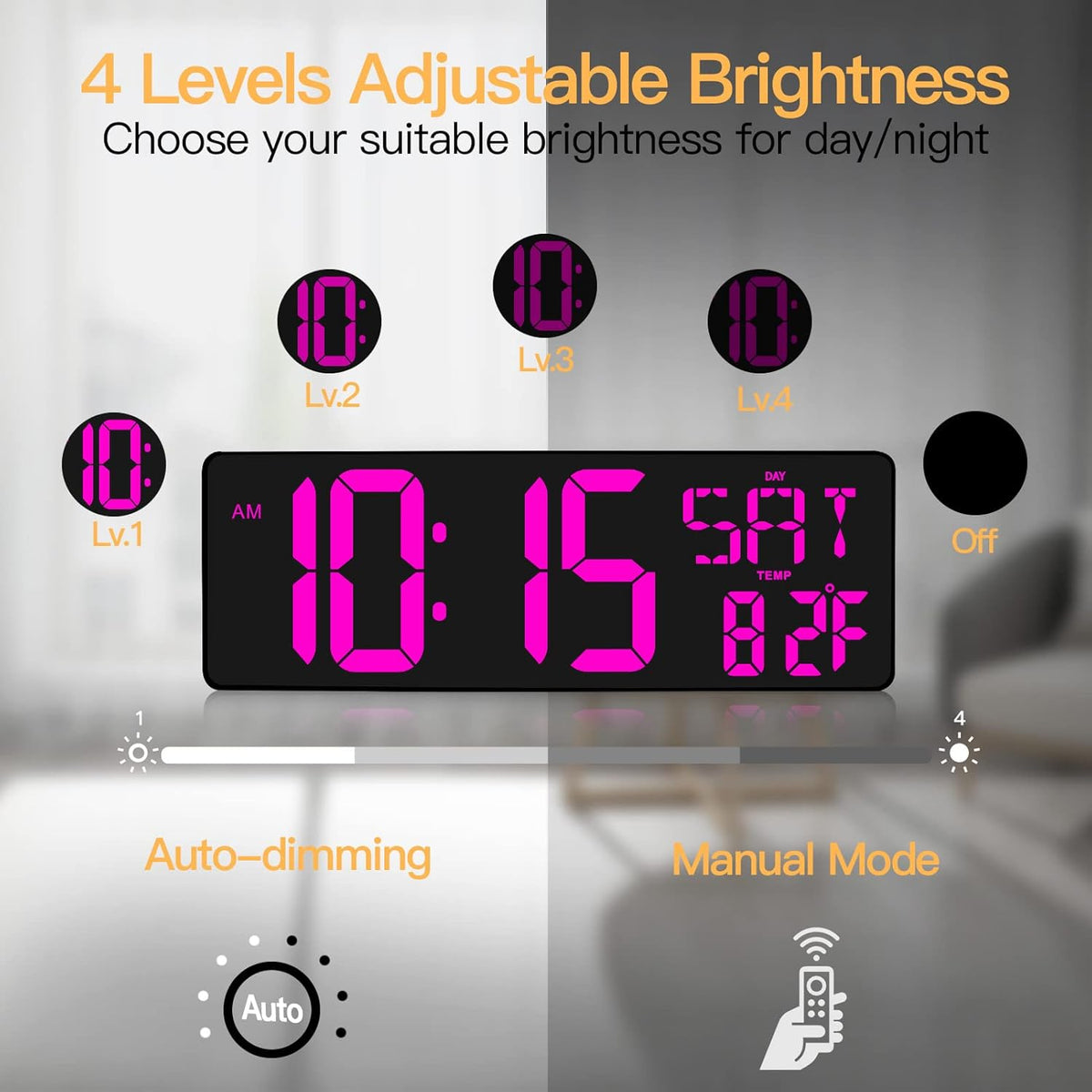 XREXS Large Digital Wall Clock with Remote Control, 16.5 Inch LED Large Display Count Up & Down Timer, Adjustable Brightness Alarm Clock with Day/Date/Temperature for Living Room, Bedroom, Office, Gym