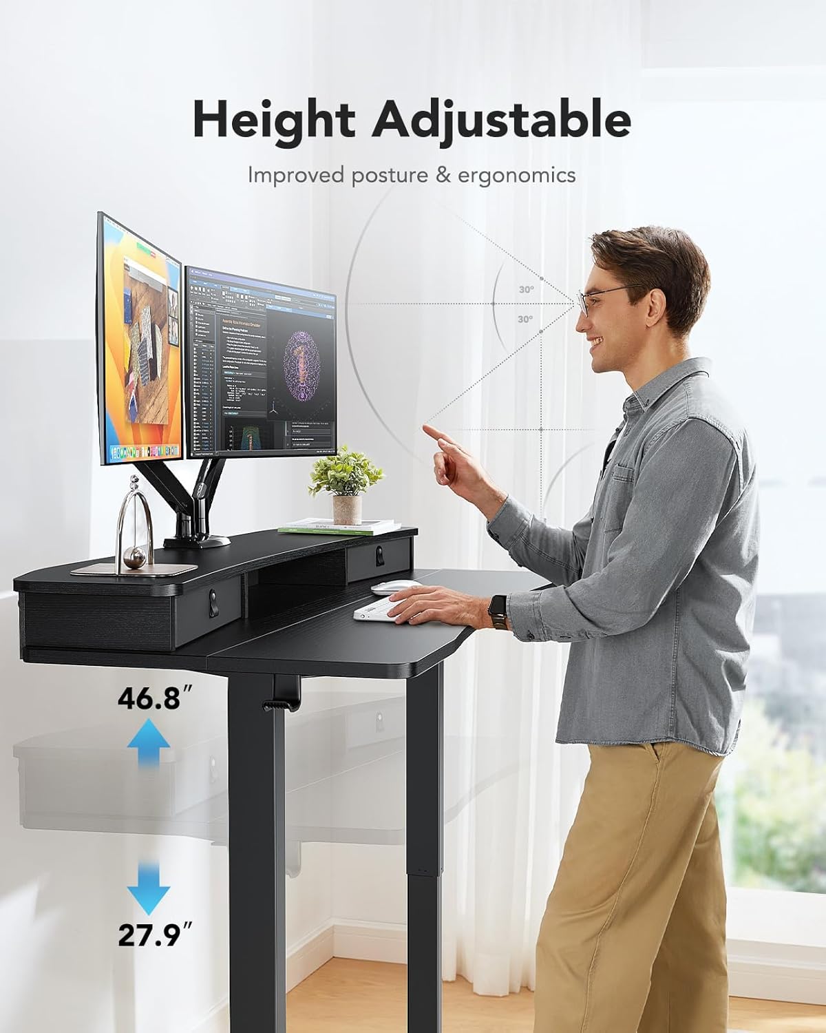 HUANUO 60″ x 30″ Electric Standing Desk with 2 Drawers, C-Clamp Mount Compatible, Height Adjustable Computer Desk, Home Office Stand Up Desk with 4 Preset Heights & 2 Hooks, Black