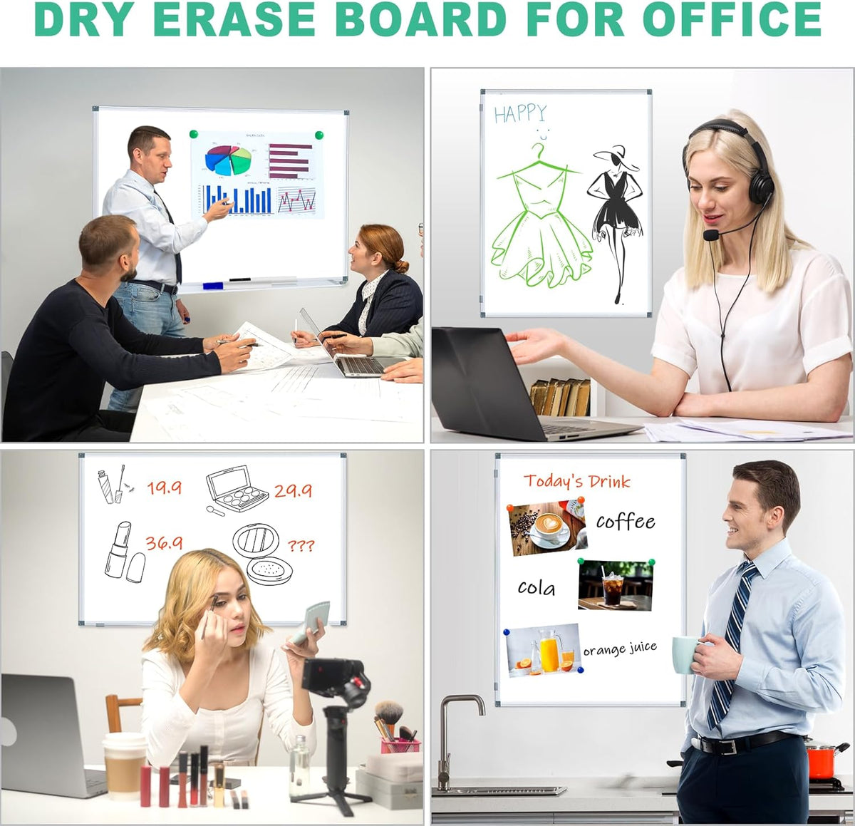 H-Qprobd 3' x 2' Whiteboard Dry Erase White Board for Wall 36x24 (2pcs) Magnetic Boards for Office Classroom & Home, Small Wall Whiteboard Including 6 Markers, 20 Magnets, 2 Erasers