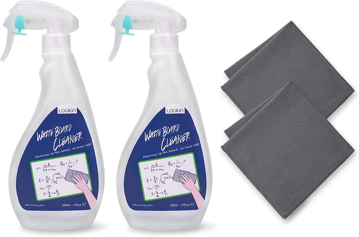 loukin Non-Toxic Whiteboard Cleaner, 17 fl oz Dry Erase Board Cleaner, Low-Odor Whiteboard Cleaning Spray with Cloths, Removes Stubborn Marks from Whiteboards, Chalkboard (2-Pack)