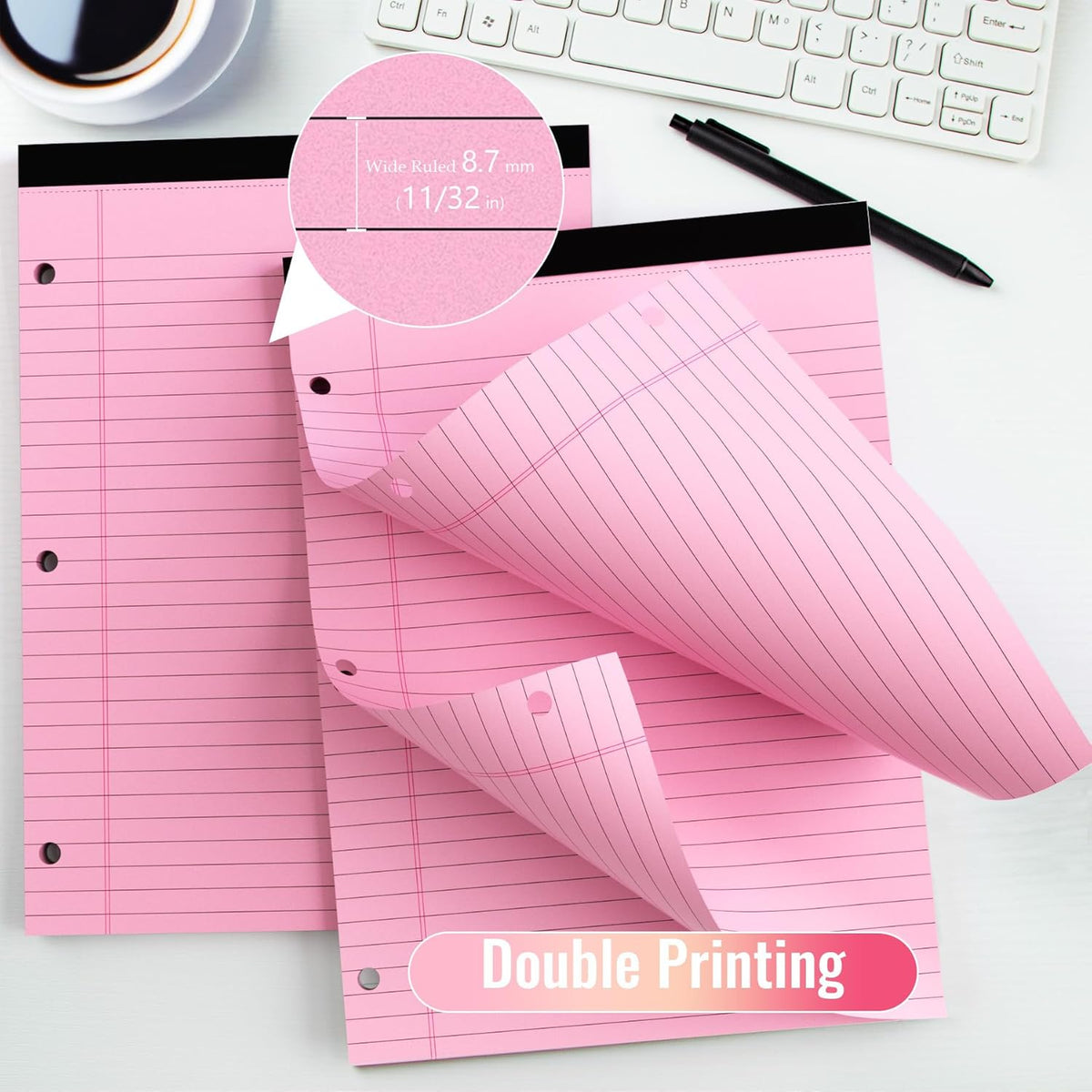 HAUTOCO 12 Pack 8.5 x 11 Legal Pads Pink Wide Ruled Notepads Perforated Writing Pads, 30 Sheets Per Notepad, 3-Hole Punched Paper, Writing Note Pads for School, Home, Office, Business