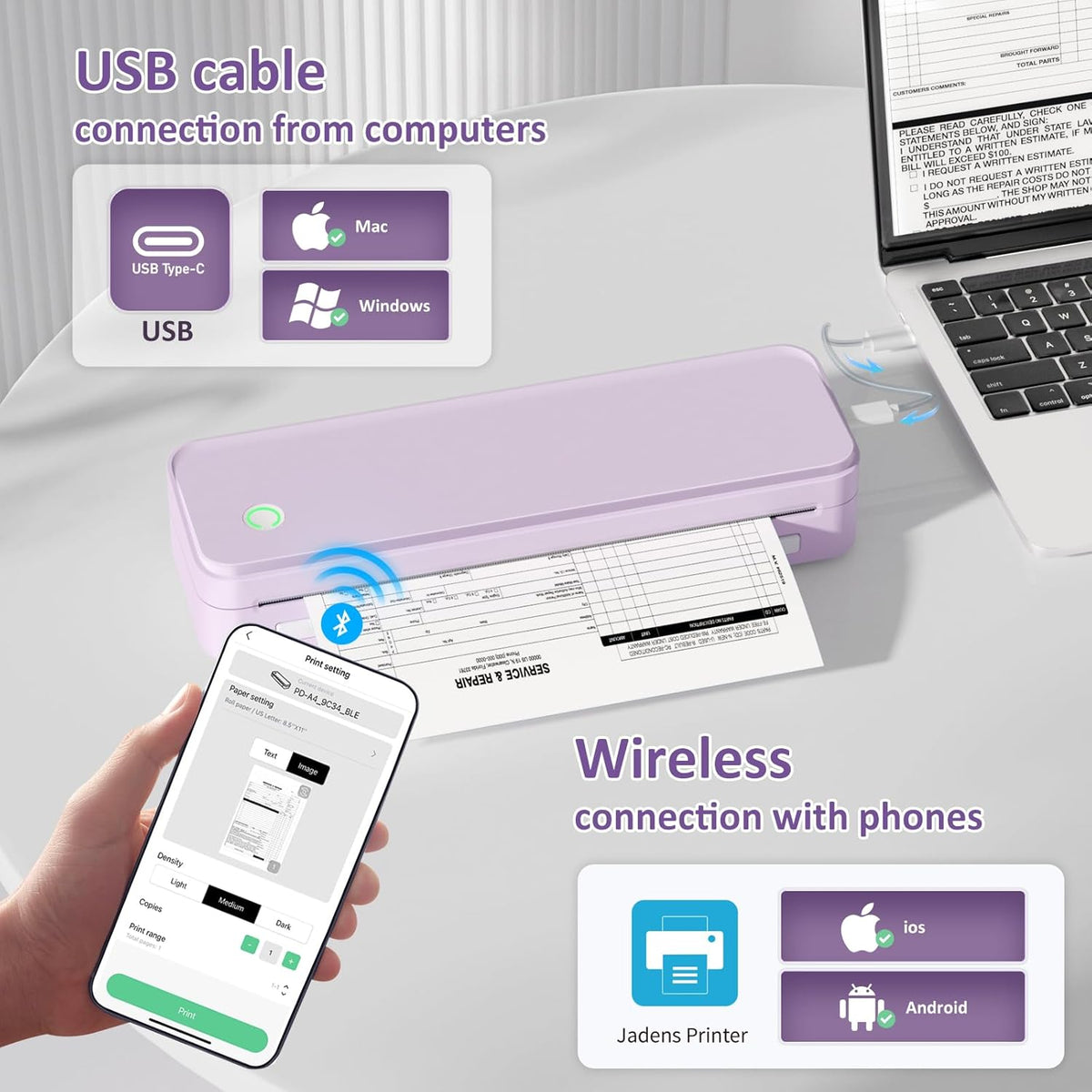 Inkless Portable Printer for Travel, Wireless Thermal Printer Supports 8.5 x 11 Inch US Letter Size, Bluetooth Machine Includes Carry Case and 3 Rolls of Thermal Paper Kit, Purple