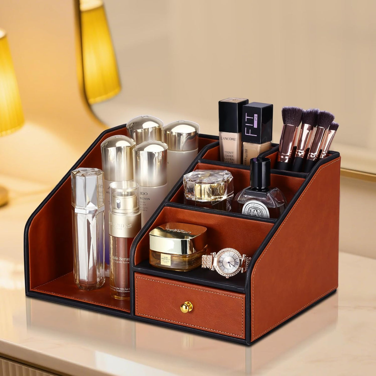 KINGFOM PU Leather Desk Organizer, Multifunction 6 Compartment Desk Organizers and Accessories for Office Supplies, Pen Pencil Holder/Book Mail Organizer Holder for Desk with Drawer (Brown)