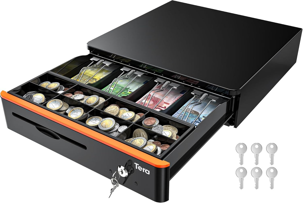 Tera 16" Heavy Duty Cash Drawer Auto Open Insert Tray 5 Bill 8 Coin for Point of Sale (POS) System Removable Cash Tray Media Slot 24V RJ12 Key-Lock with Round Corner for Business Retail 405R Black