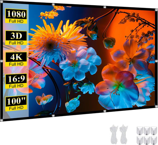 100 Inch Portable Projector Screen Outdoor: 4K HD Anti-Crease Foldable Indoor Hanging Wall Home Theater Screen