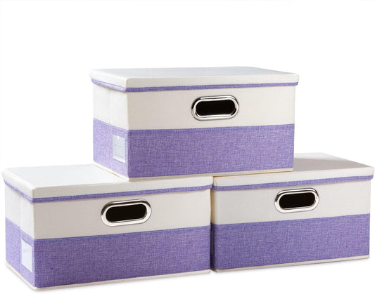 PRANDOM Collapsible Storage Bin with Lid [3-Pack] Fabric Foldable Storage Box Organizer Container Basket Cube with Cover for Home Bedroom Closet Office Nursery Purple&Cream(14.9x9.8x9.8)