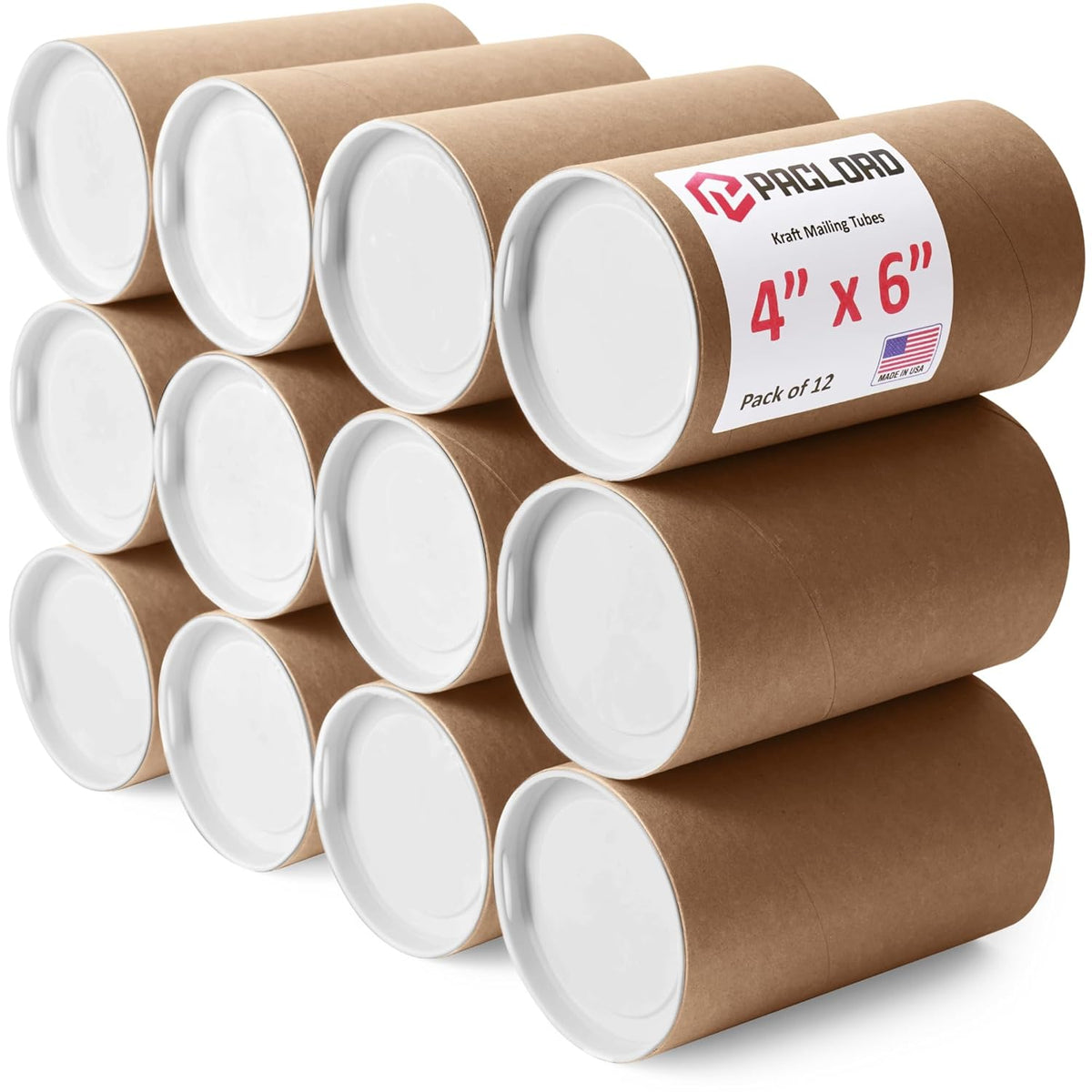 4" x 6" Reinforced Kraft Paper Mailing Tubes, Pack of 12 Tubes with 2 Caps Each – USPS Approved Poster Tube – Made in USA Cardboard Tube for Shipping and Storing Posters, Prints, Artwork, Documents