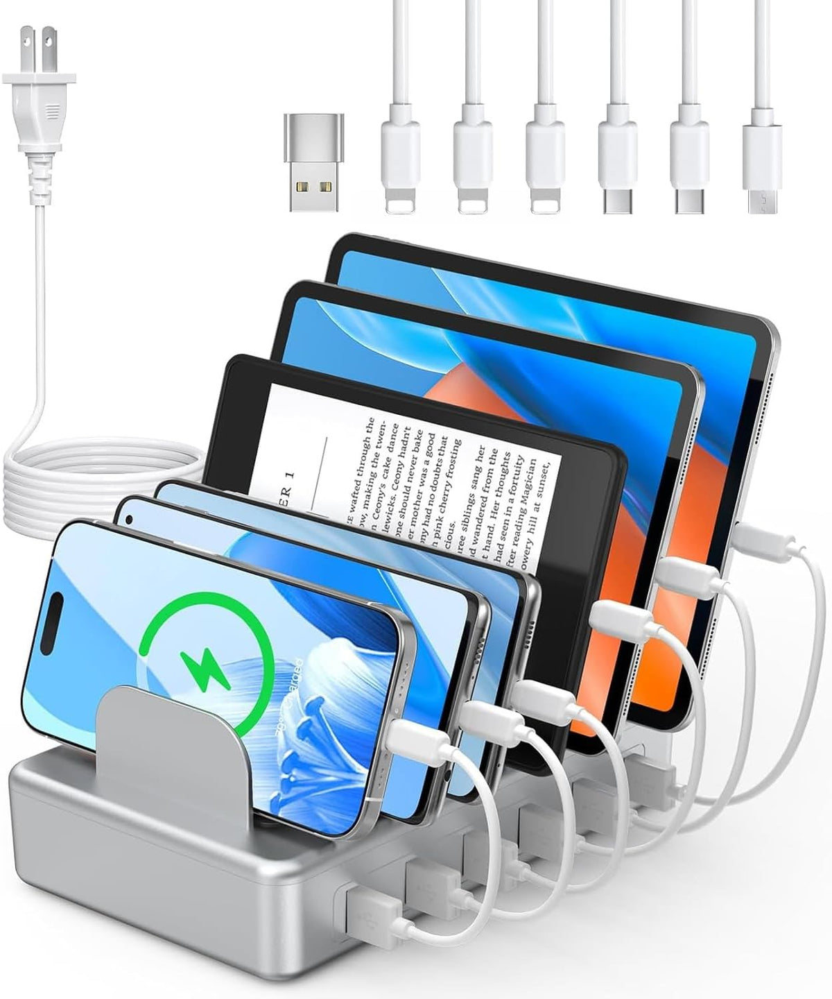 CREATIVE DESIGN 6 Port Charging Station for Multiple Devices,50W Multi Phone Charging Station with 6 Cables, Multiple USB Charger Station Designed for Cellphone iPad iPhone Tablet (Silver)
