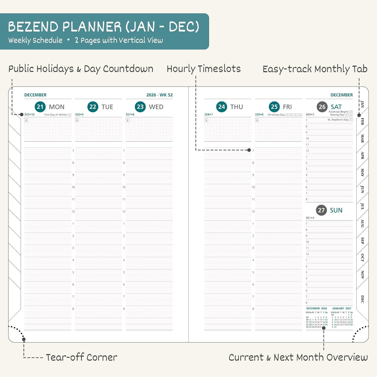 BEZEND 2026 Planner Weekly and Monthly (8.5" x 11") Daily Calendar with Half-Hourly Timeslots & Tab (Jan-Dec) Note & Expenses, Pen Holder, Inner Pocket, Vegan Leather Hardcover - Sky Blue