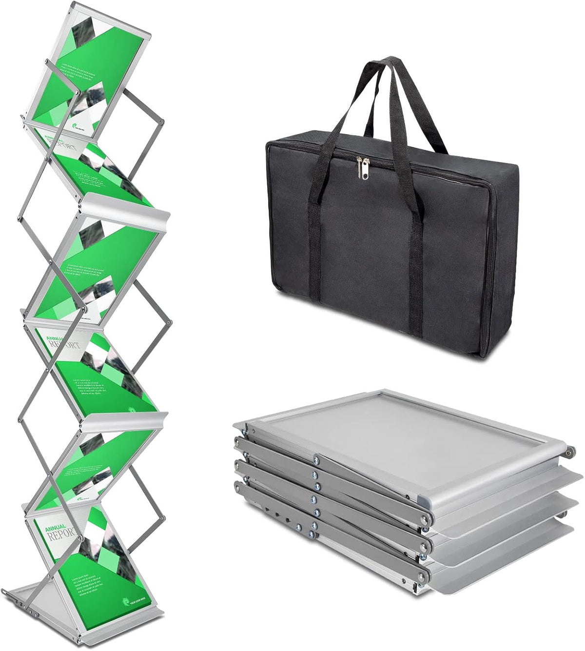 6 Pockets Collapsible Literature Rack for Trade Shows, Metal Floor Standing Literature Stand Catalog Rack Brochure Rack Flyer Holder Pamphlet Holder with Carry Case
