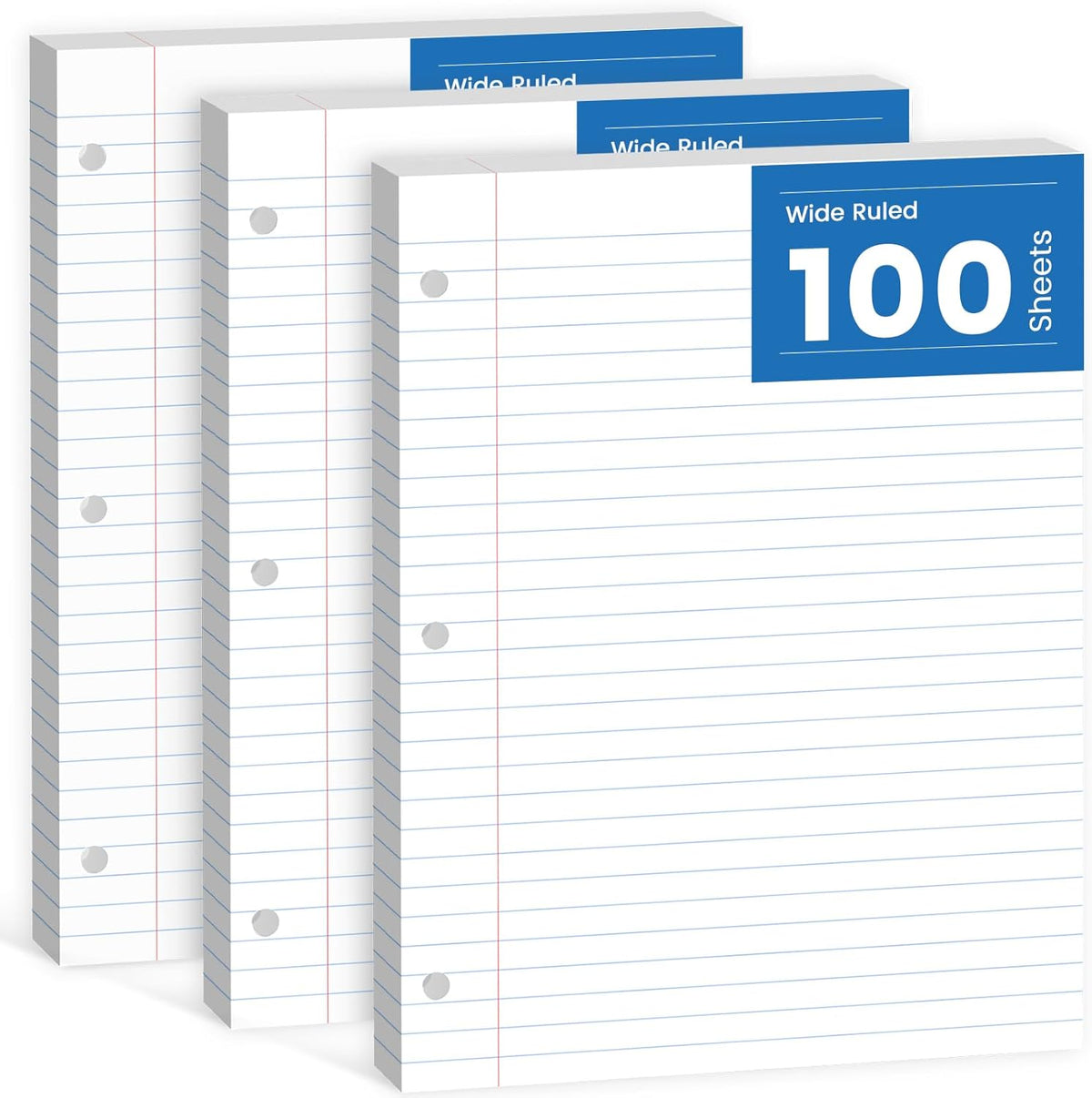 Loose Leaf Paper, 300 Sheets Filler Notebook Paper, 3-Hole Punched Binder Papers 8-1/2 x 11 In, Wide Ruled Lined Paper 8.5 x 11 for 3 Ring Binder, White, 3 Pack, 100 Sheets/Pad