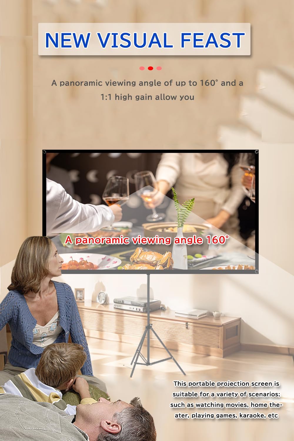 Projector Screen with Stand Outdoor 100 inch 4K HD 1.5-Gain Wrinkle-Resistant Movie Screen, 160° Viewing Angle, Projection Screen for Movie Night and Indoor 【100in】
