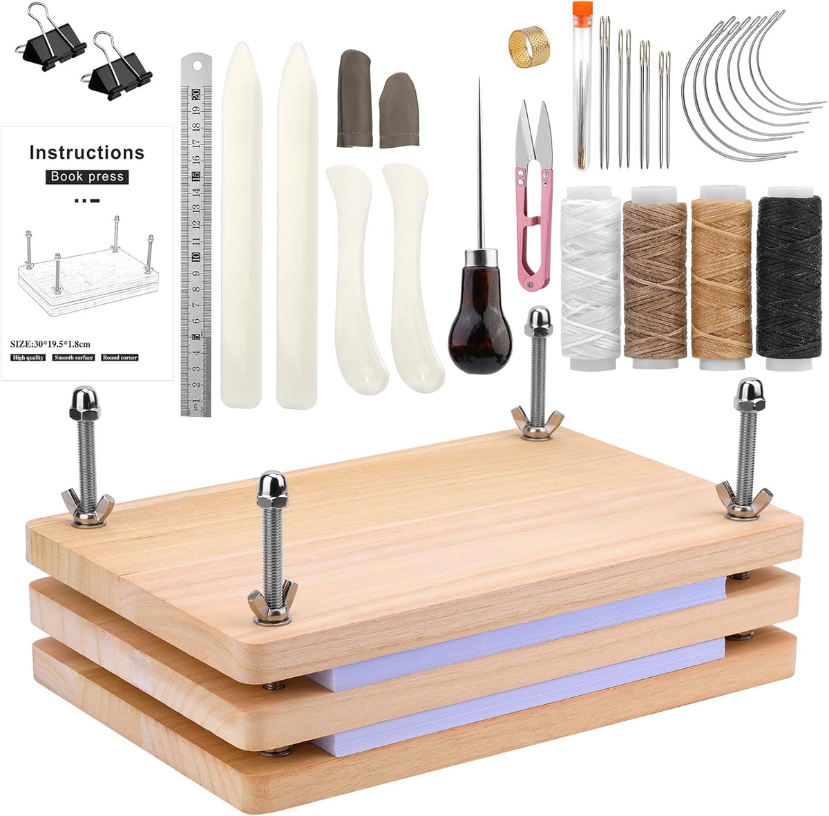 JUPEAN 34 Pcs Book Binding Kits, Book Press(11.81”x7.56”), Books Making Kit with Bone Folder Bookbinding Needles Waxed Threads Books Binding Awl, Bookbinding Tools for Beginners