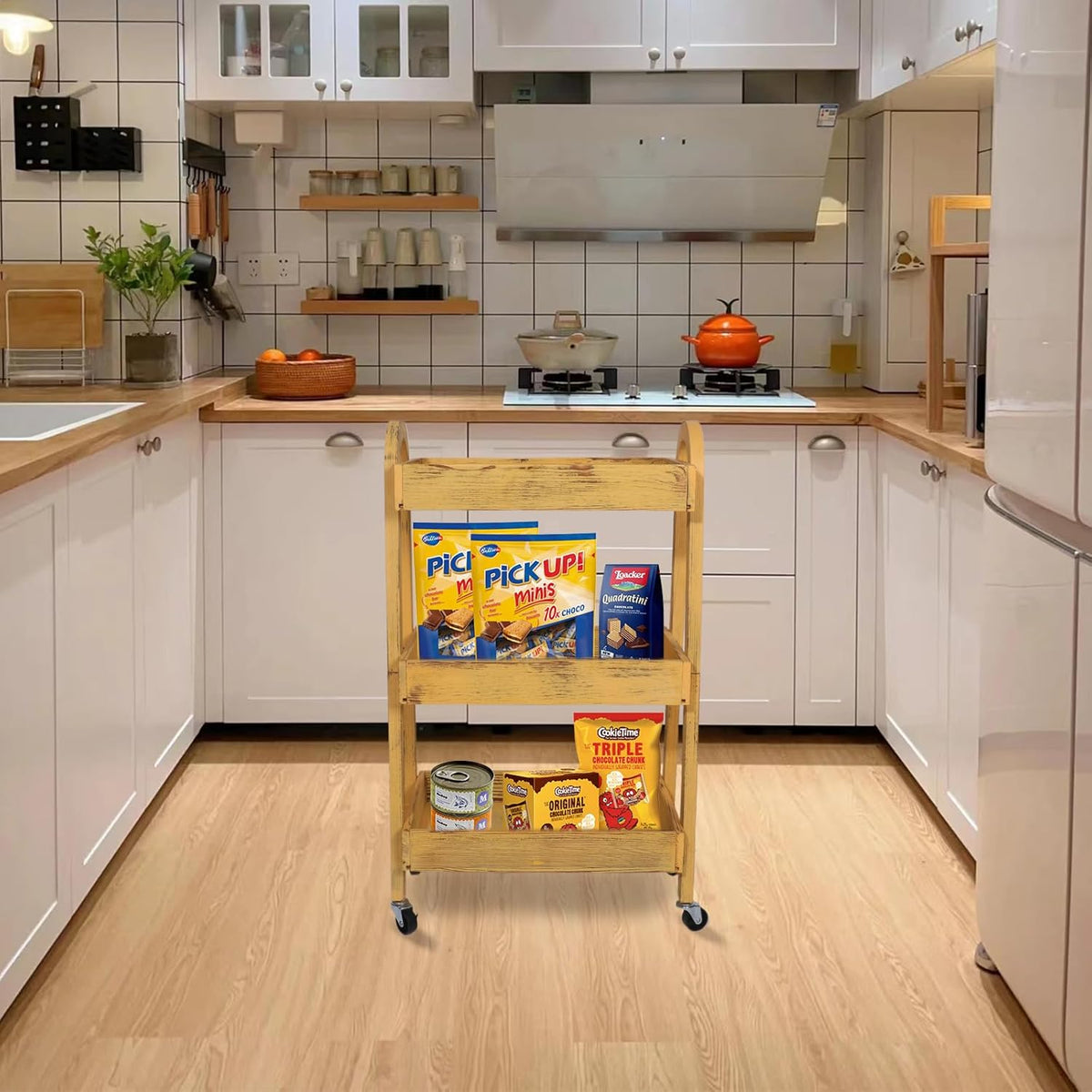 3-Tier Rolling Utility Cart with Lockable Wheels Storage Slim Storage Heavy Duty Cart Mobile Shelving Unit Craft Narrow Organizer for Bathroom Laundry Kitchen (Vintage Yellow)