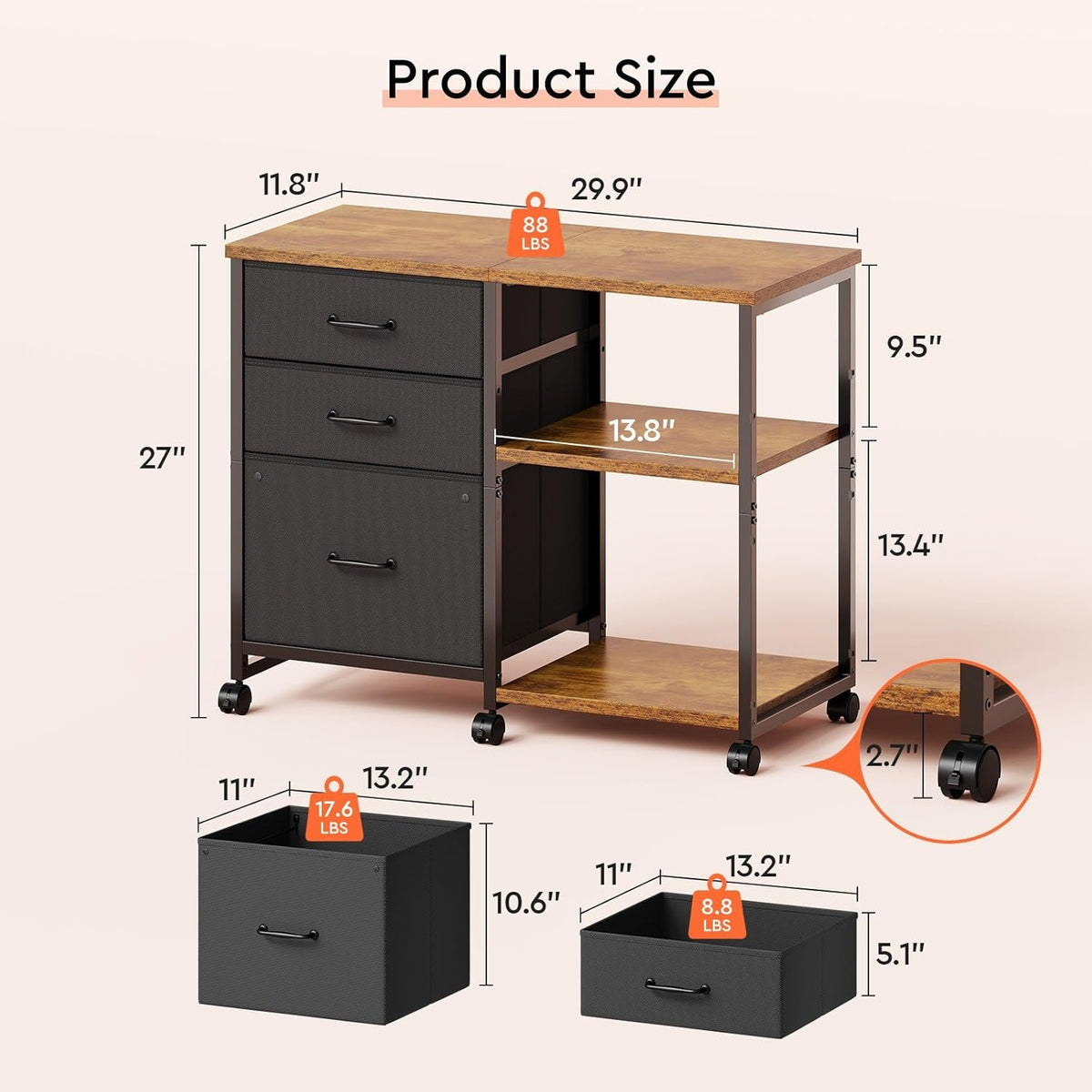 3 Drawer File Cabinet with Wheels Rolling Printer Stand with Open Storage Shelf Fabric Lateral Filing Cabinet for Home Office,Rustic Brown