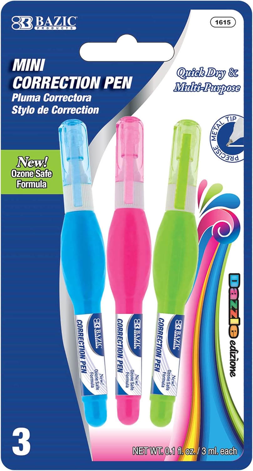 BAZIC Correction Pen (0.1 oz / 3 ml), Precise Metal Tip Applicator, Fine Point Corrections Fluid, Squeeze White Out Wipe Out Liquid (3/Pack), 24-Packs
