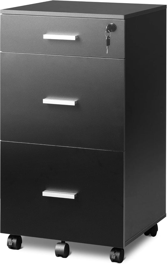 DEVAISE 3 Drawer Rolling File Cabinet with Lock, Wood Filing Cabinet fits Letter / A4 Size for Home Office, Black