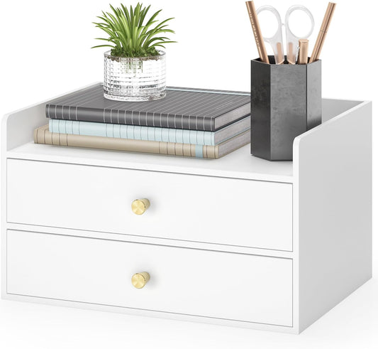 Bamboo Desk Organizer - Stackable, No Assembly Required, Ideal for Office/Home Use - Perfect for Toiletries, Stationery, Accessories. (White, Two level drawer box with sides)