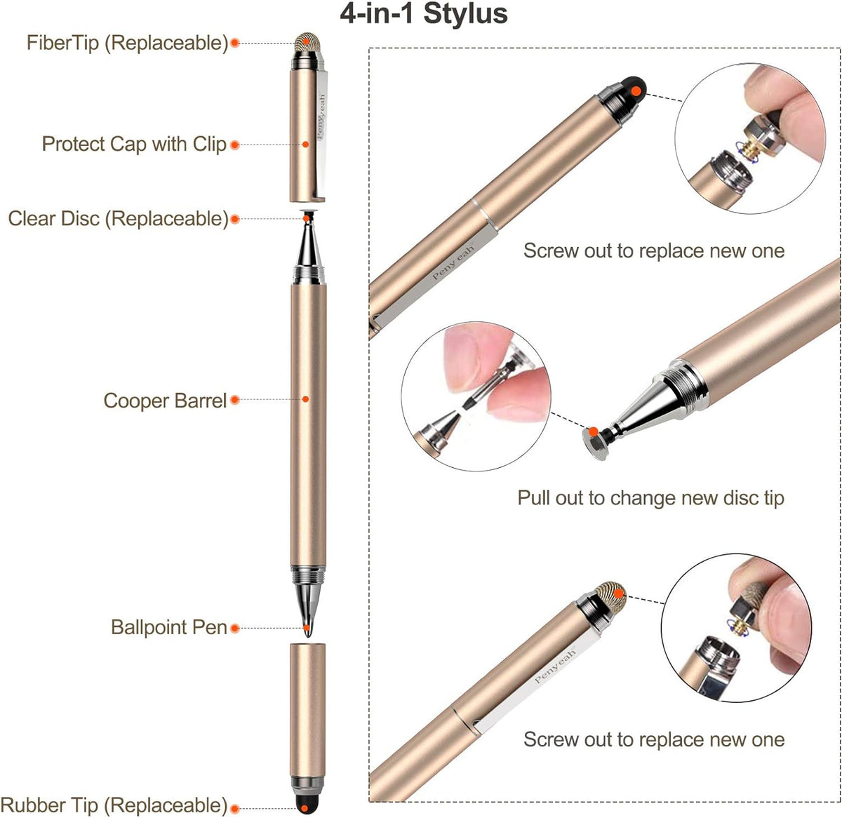 Penyeah Stylus pens for Touch Screens - [4-in-1] High Sensitivity and Precision Touch Screen Stylus Disc Tip,Black Rubber Tip & Mesh Fiber Tip Universal for All Capacitive Touch Screen Device (Gold)