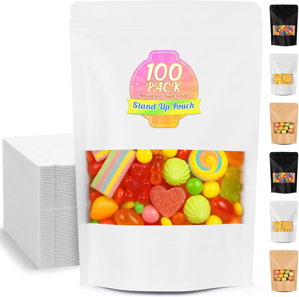 Food Bags 100 Pack Granola Trail Mix Bags Mylar Bags with Window Resealable Mylar Stand Up Pouches Wax Melt Candy Bar Tea Packaging Beef Jerky Chip Bag Bolsas para Carne Seca (7.9"x11.8")