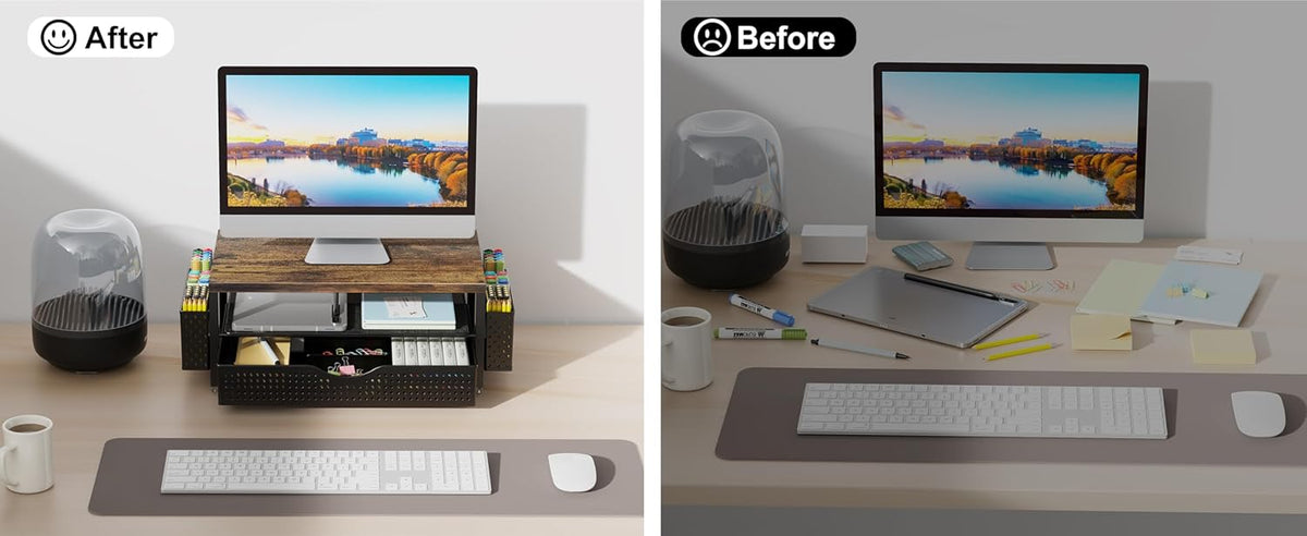 gianotter Wood Monitor Stand Riser, Office Desk Shelf Organizer, Desk Organizer with Drawer and Pen Holder, 2-Tier Computer Stand, Office Organization (Wood)